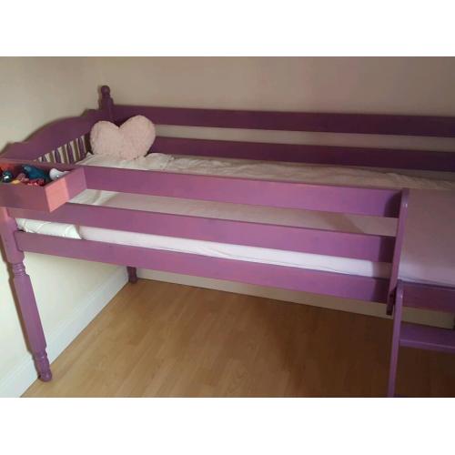 Single size loft bed painted for my daughter. Very comfortable, not high.
