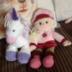 3 different collections of beautiful dolls including cats and a unicorn.