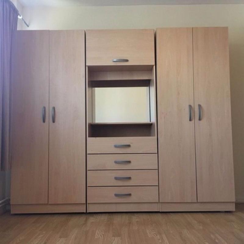 Fully Assembled 4 Door wardrob with Dresser, Mirror, Shelves, Rails BRAND NEW