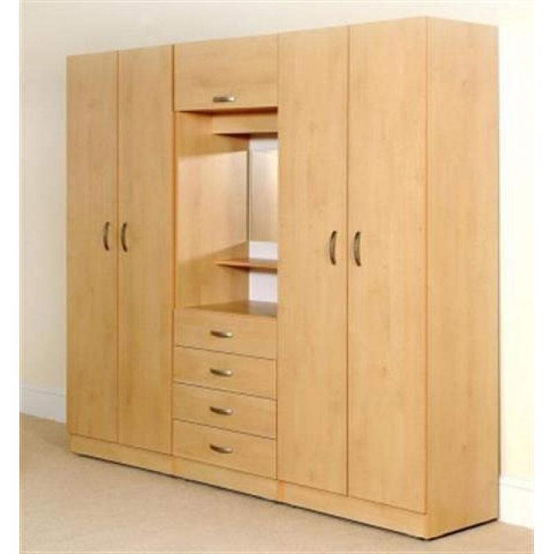 Four Door Large Wardrob with Fitted Mirror Drawers in Oak Beech White Walnut color