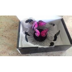 wedding fascinator hat never been used still in box butterfly pink and purple