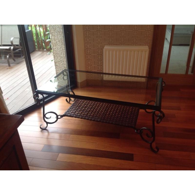 Large glass and ironwork coffee table