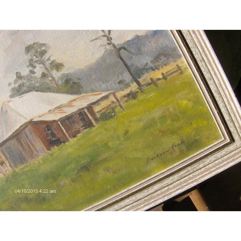 large vintage oil painting landscape with wood frame