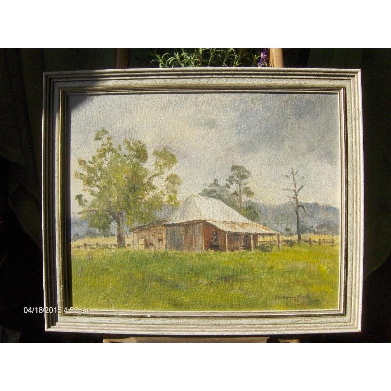 large vintage oil painting landscape with wood frame