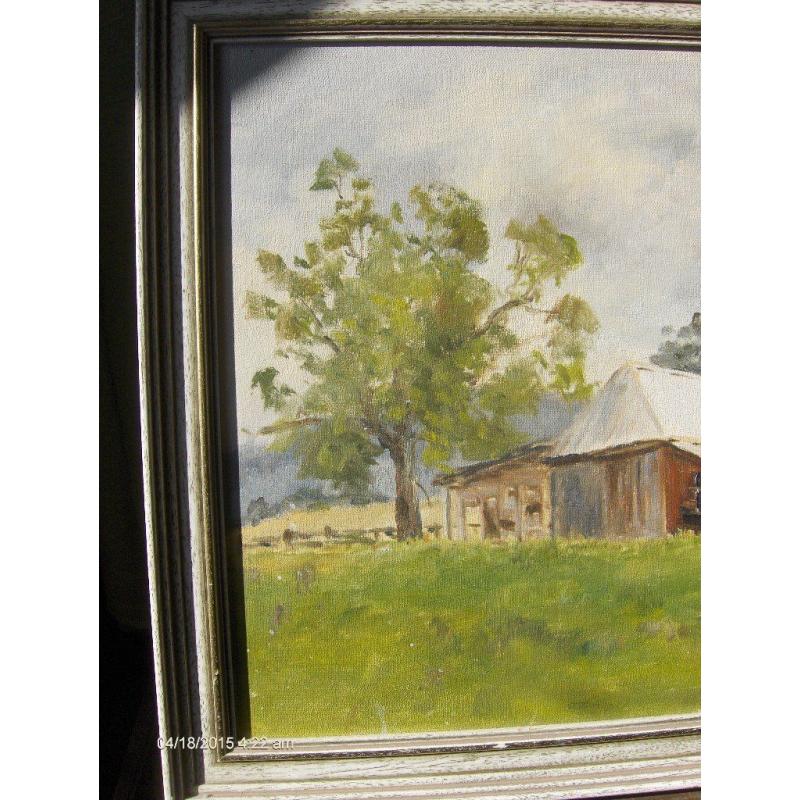 large vintage oil painting landscape with wood frame
