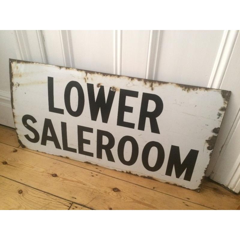 Vintage LOWER SALEROOM Enamel Shop Sign Worn Lovely