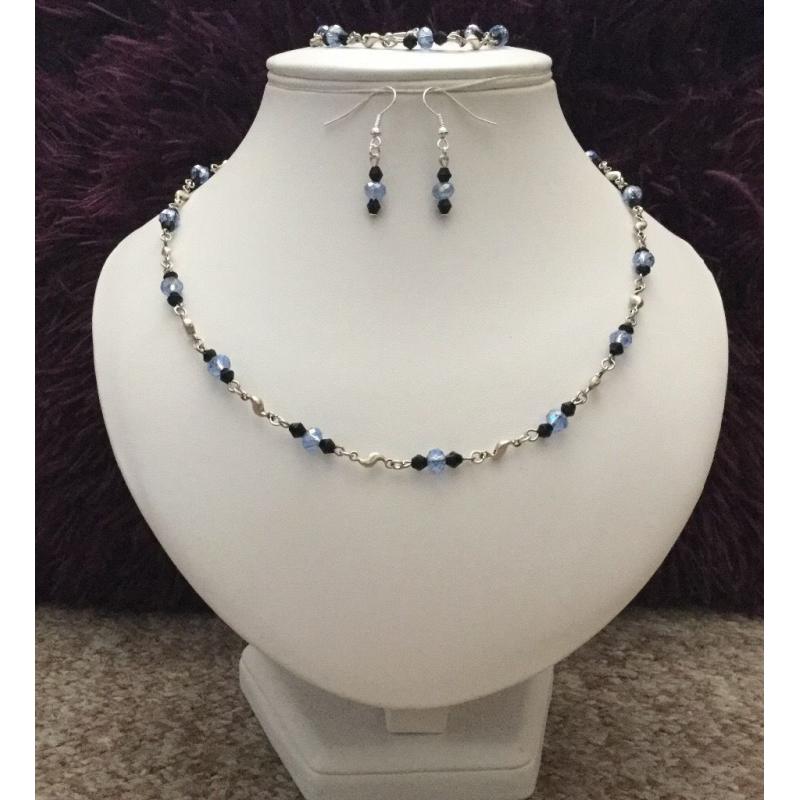 Handmade sea blue crystal 3 piece jewellery set