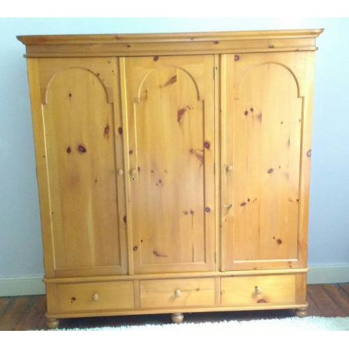Solid pine three door wardrobe with drawer - perfect condition