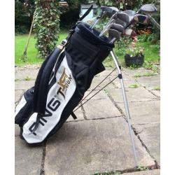 Full set of quality golf clubs with Ping stand bag, balls and tees