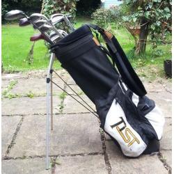Full set of quality golf clubs with Ping stand bag, balls and tees