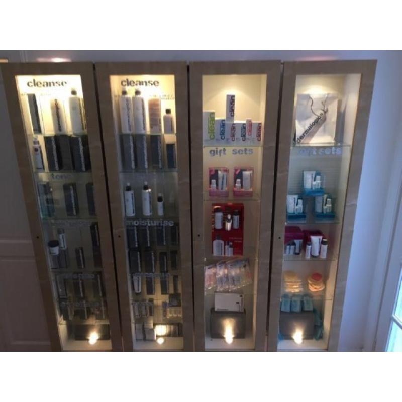 Beauty salon shop retail display glass lockable lights cabinets