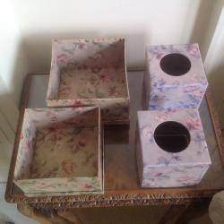 SET OF TWO PRETTY FLORAL STORAGE BOXES AND TWO MATCHING COVERS FOR SMALL BOXES OF TISSUES
