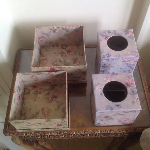 SET OF TWO PRETTY FLORAL STORAGE BOXES AND TWO MATCHING COVERS FOR SMALL BOXES OF TISSUES