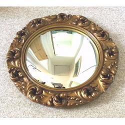 VINTAGE GOLD PLASTER WALL MIRROR, ROUND, CONVEX FISHEYE, 1950S ORIGINAL, SHABBY CHIC RETRO, HEAVY