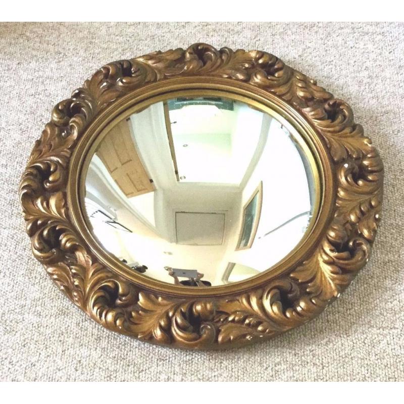 VINTAGE GOLD PLASTER WALL MIRROR, ROUND, CONVEX FISHEYE, 1950S ORIGINAL, SHABBY CHIC RETRO, HEAVY