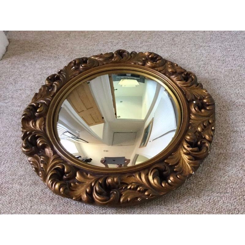 VINTAGE GOLD PLASTER WALL MIRROR, ROUND, CONVEX FISHEYE, 1950S ORIGINAL, SHABBY CHIC RETRO, HEAVY