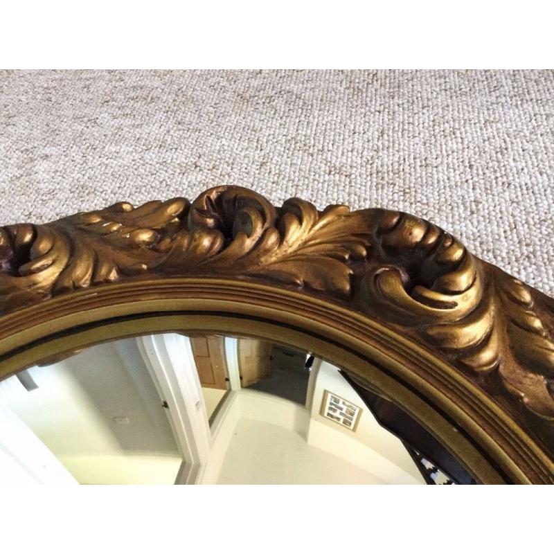 VINTAGE GOLD PLASTER WALL MIRROR, ROUND, CONVEX FISHEYE, 1950S ORIGINAL, SHABBY CHIC RETRO, HEAVY