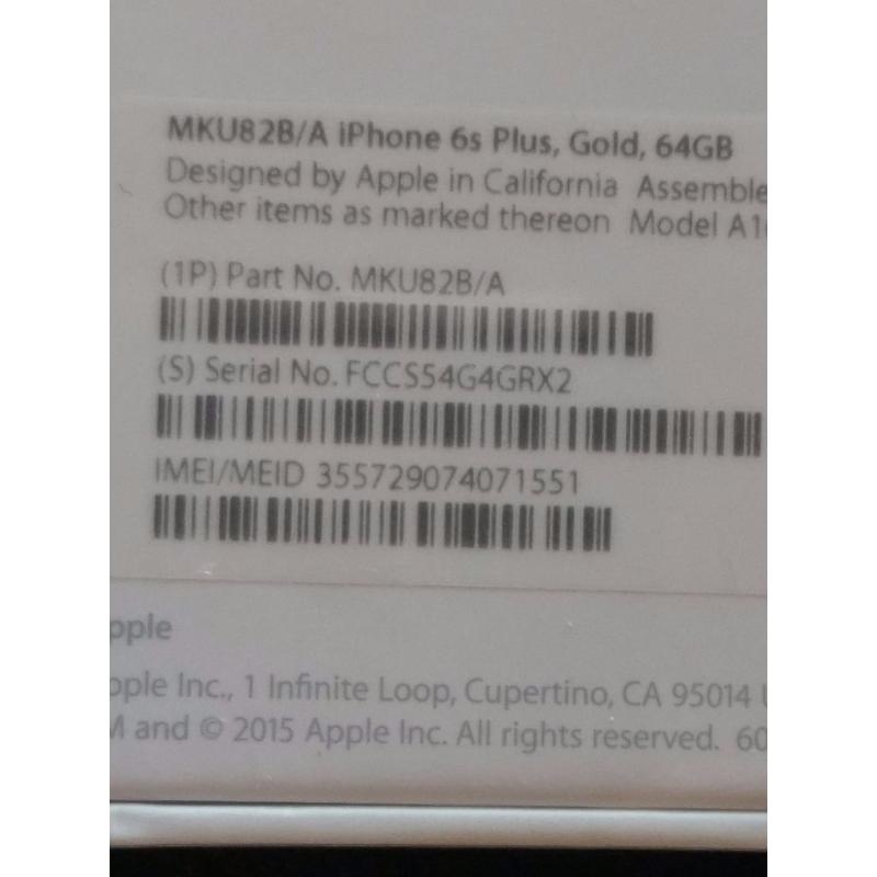 Apple Iphone 6s plus, brand new in original sealed box, 64gb, Gold, locked to Vodafone