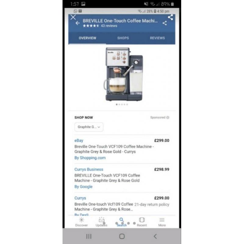 New BREVILLE One-Touch Coffee Machine VCF109 smeg krups Nescaf Dolce