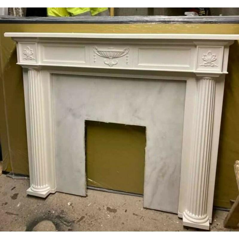 White Fire Surround With Marble Backboard and Hearth