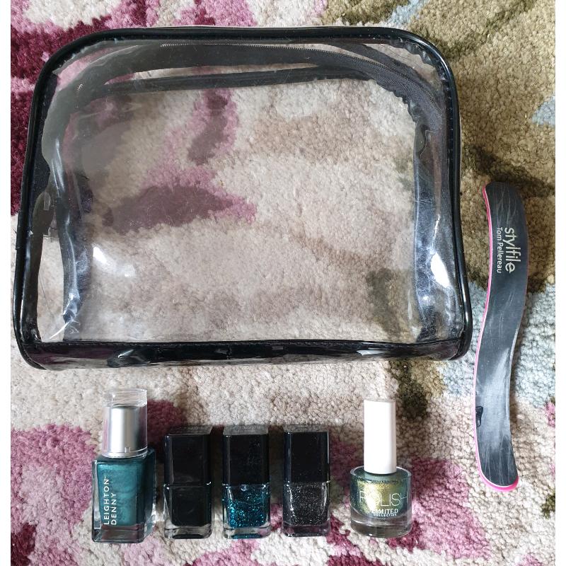 Leighton Denny cosmetic bag, nail polish and curved nail file
