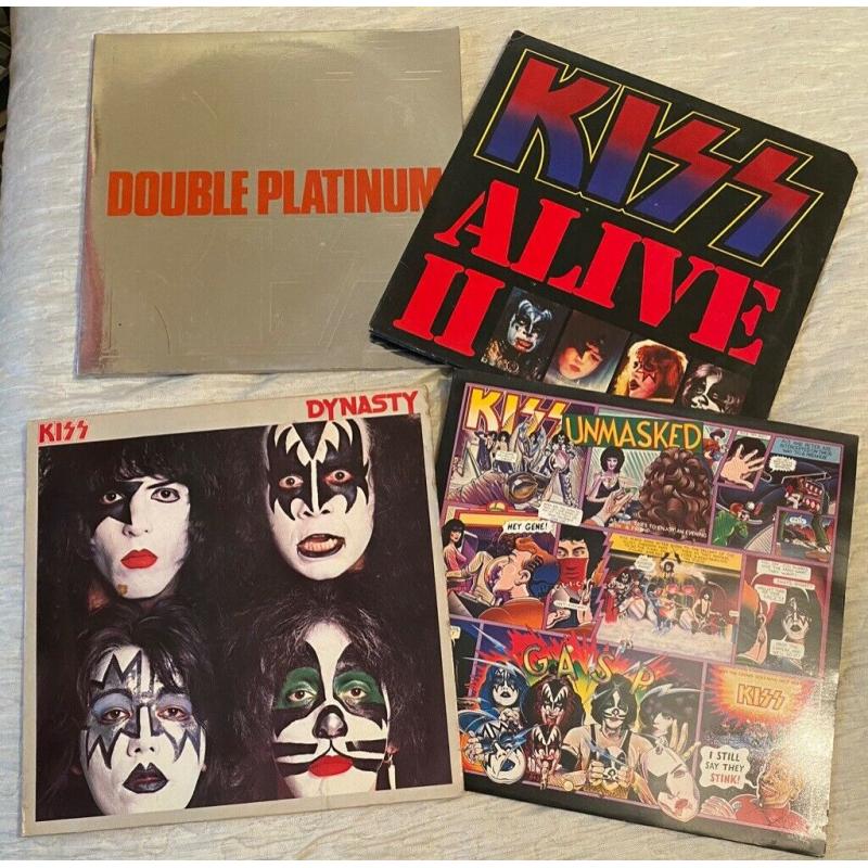 KISS - DYNASTY; ALIVE II; DOUBLE PLATINUM; UNMASKED (UK + USA VINYL ALBUMS)
