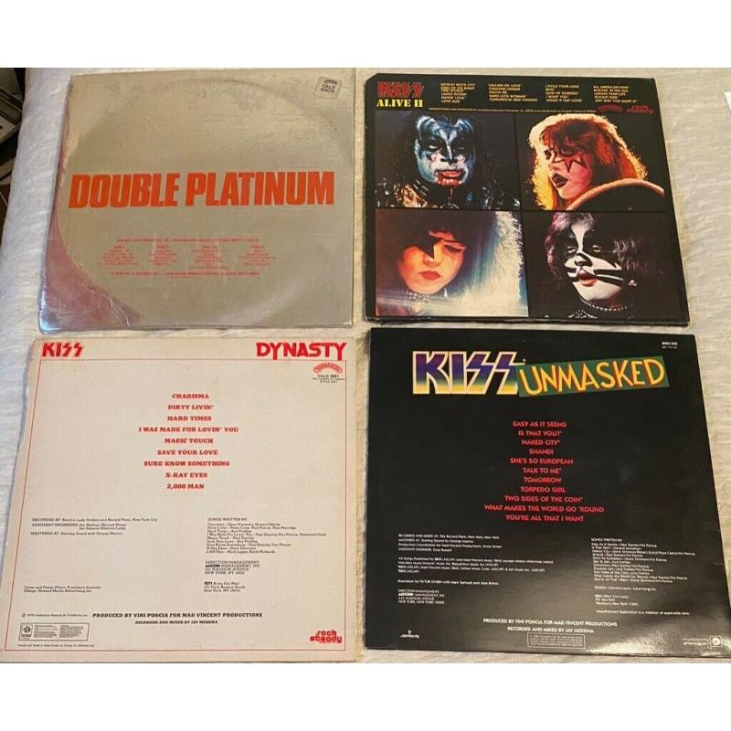 KISS - DYNASTY; ALIVE II; DOUBLE PLATINUM; UNMASKED (UK + USA VINYL ALBUMS)