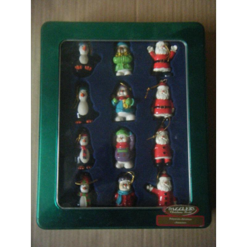 Set of 12 (Polyresin Christmas Characters) Tree Hangers. 11 are fine 1 needs hanger.