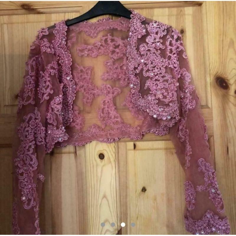 Designer pale pink wedding dress with lace back and bolero jacket stunning design size 12-14