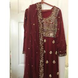 GORGEOUS LATEST MAROON WORKED NET WITH LINING LAHNGA SET,USED ONCE