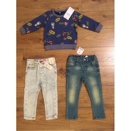 BRAND NEW 12-18 MONTHS BABY BOYS BUNDLE: 2 X JEANS (RIVER ISLAND & NEXT) & 1 X SWEATSHIRT FROM M&S