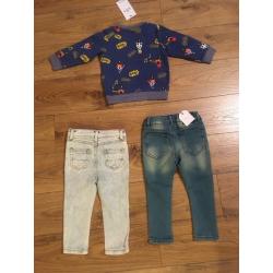 BRAND NEW 12-18 MONTHS BABY BOYS BUNDLE: 2 X JEANS (RIVER ISLAND & NEXT) & 1 X SWEATSHIRT FROM M&S