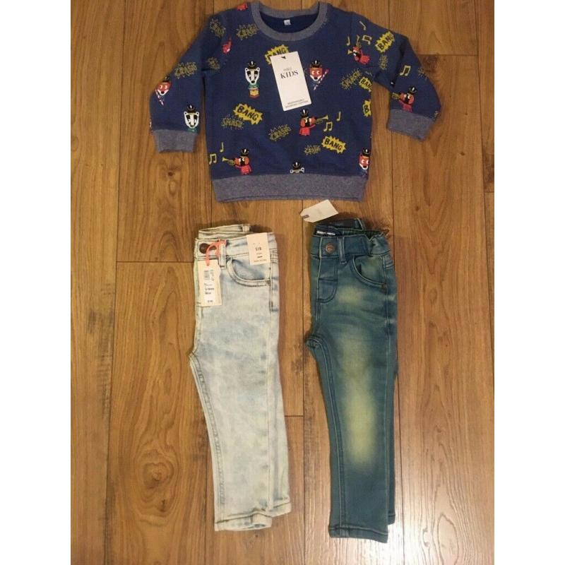 BRAND NEW 12-18 MONTHS BABY BOYS BUNDLE: 2 X JEANS (RIVER ISLAND & NEXT) & 1 X SWEATSHIRT FROM M&S
