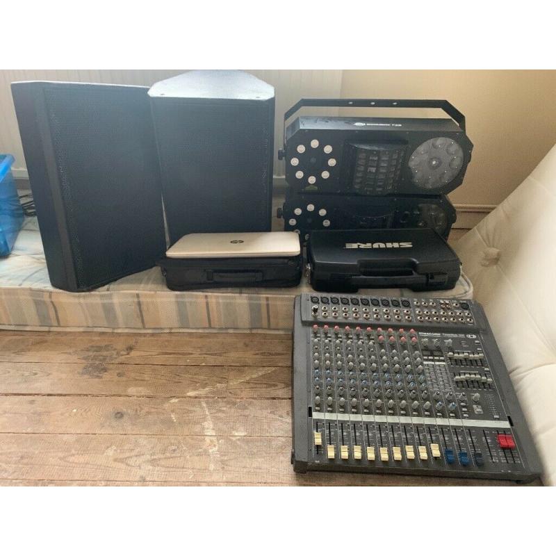 Full PA with lights amd sure radio mic and laptop