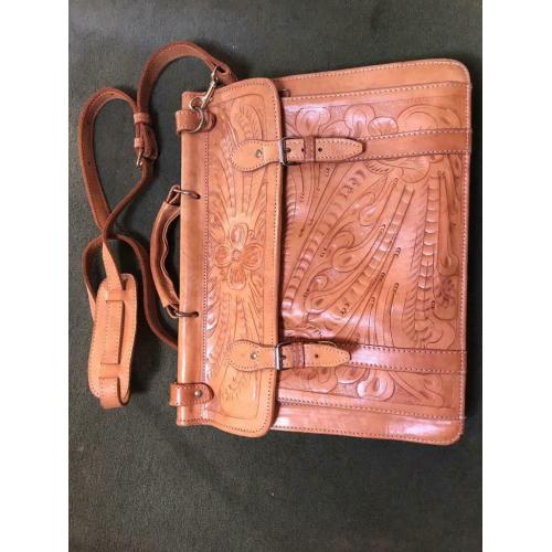 CARVED LEATHER SATCHEL / BRIEFCASE ORNATE HAND-TOOLED FLORAL DESIGN