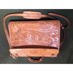 CARVED LEATHER SATCHEL / BRIEFCASE ORNATE HAND-TOOLED FLORAL DESIGN