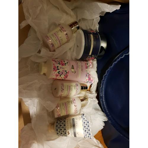 Fuzzy duck beauty products and overnight bag
