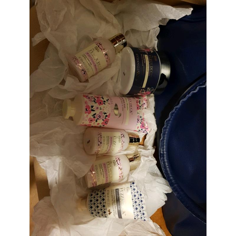 Fuzzy duck beauty products and overnight bag