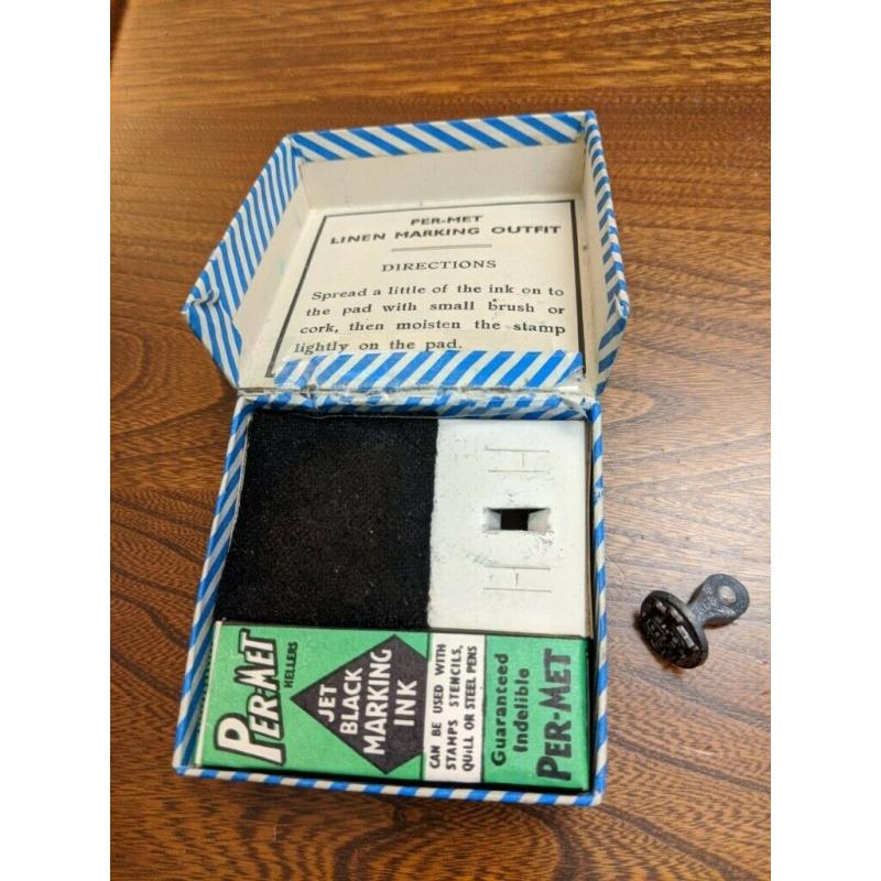 VINTAGE 1950s PER-MET LINEN INK MARKING OUTFIT IN BOX - STAMP INITIALS EF